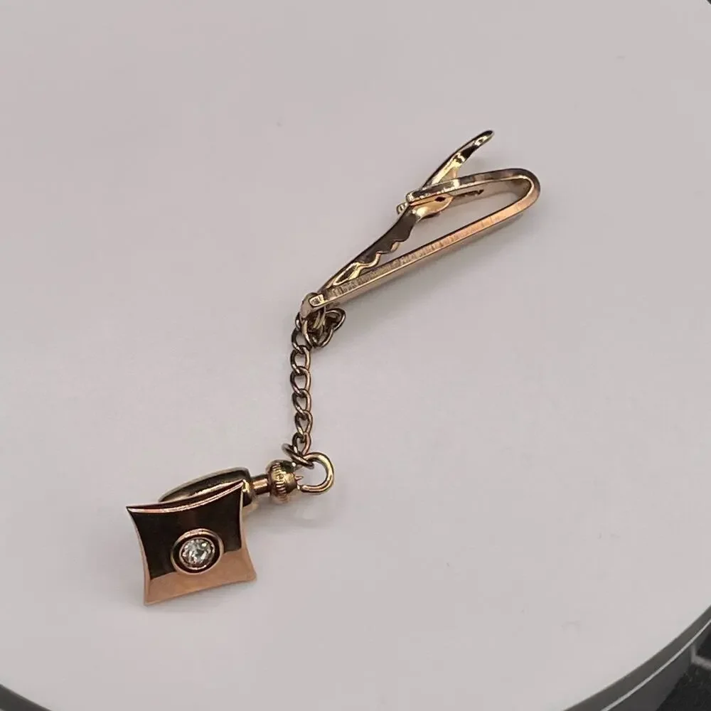 Vintage Gold Tone Dangling Fob Jockey Tie Clip Pin Rhinestone Accent Tie Bar